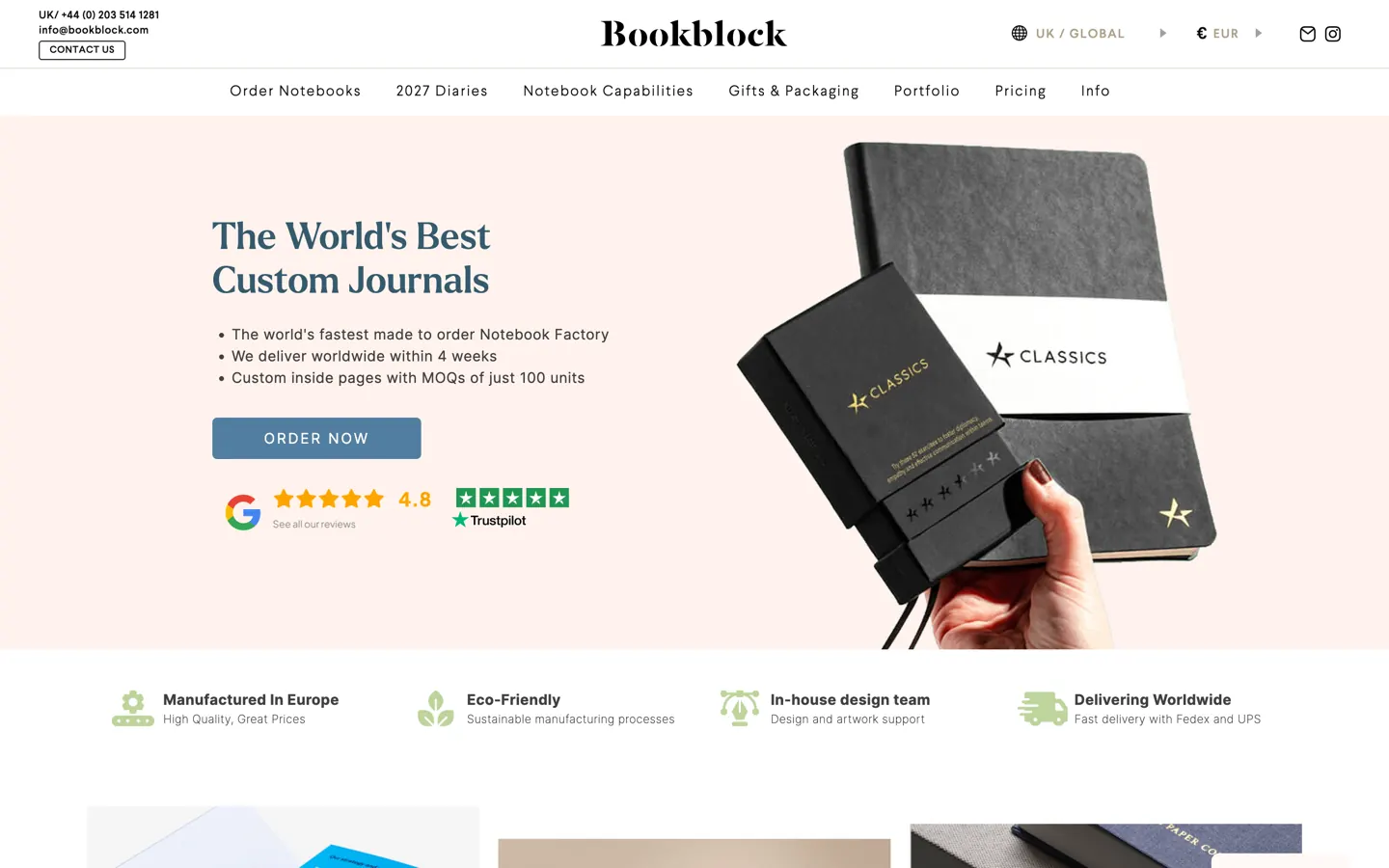 E-shop Bookblock — úvodná stránka s ponukou zápisníkov na mieru, hodnotením zákazníkov a tlačidlom objednávky.