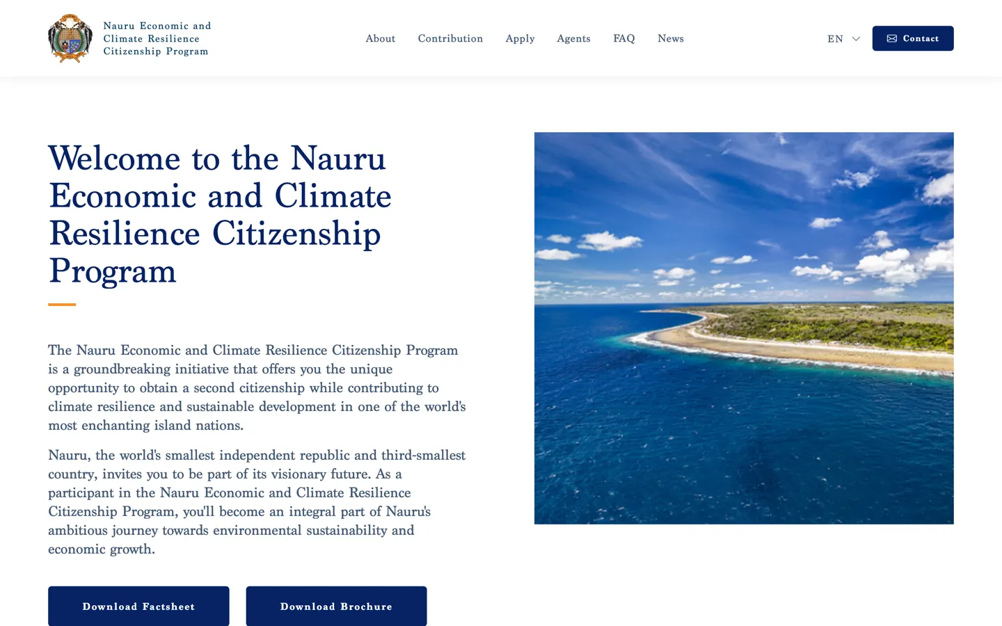 Portál Nauru ECRCP — úvodná stránka vládneho programu s leteckou fotografiou pobrežia ostrova.