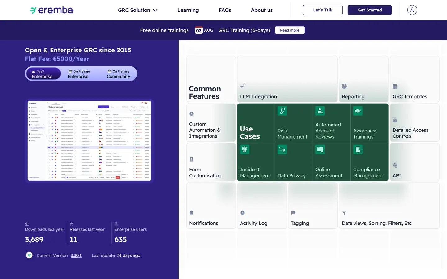 Web platformy Eramba — prehľad GRC funkcií v dlaždicovej mriežke, vedľa neho cenník a náhľad aplikácie.