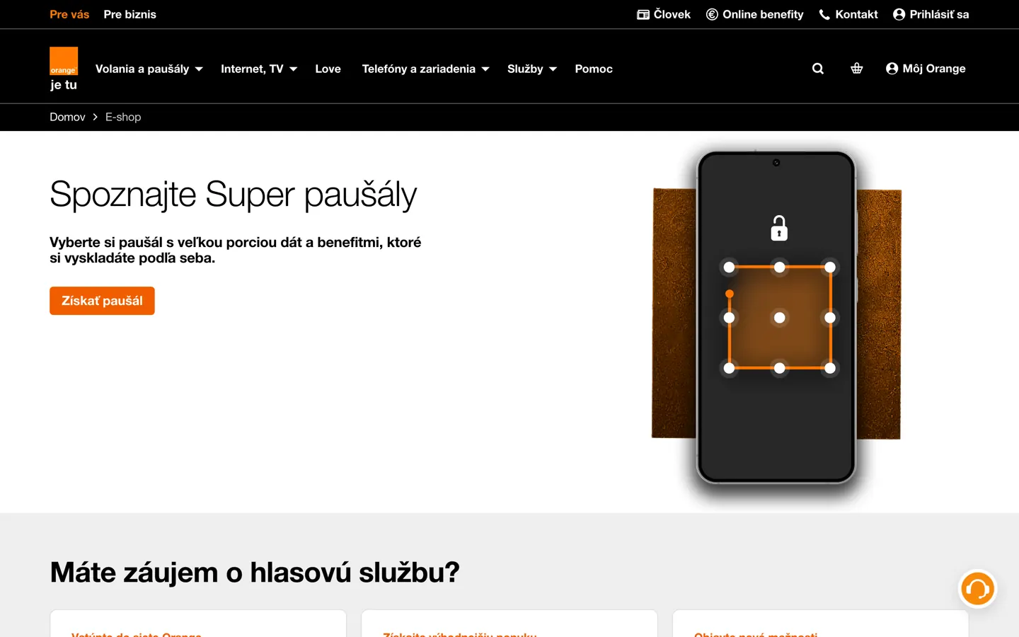 E-shop Orange — úvodná stránka s ponukou Super paušálov, hlavným menu a fotografiou mobilného telefónu.